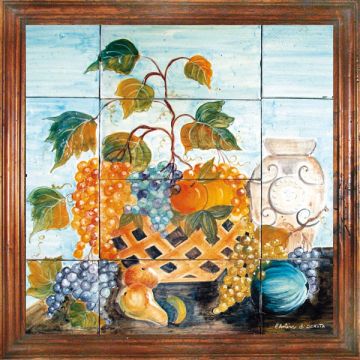 Deruta tile panel with a wooden frame featuring a basket of grapes handmade by Antica Deruta - Italy