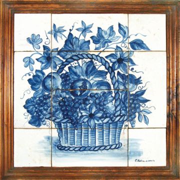 Deruta tile panel with a wooden frame featuring a fruit basket handmade by Antica Deruta - Italy