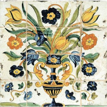 Deruta tile panel featuring a vase with flowers handmade by Antica Deruta - Italy