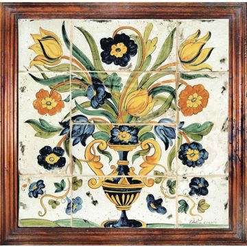 Deruta tile panel with a wooden frame featuring a vase with flowers handmade by Antica Deruta - Italy