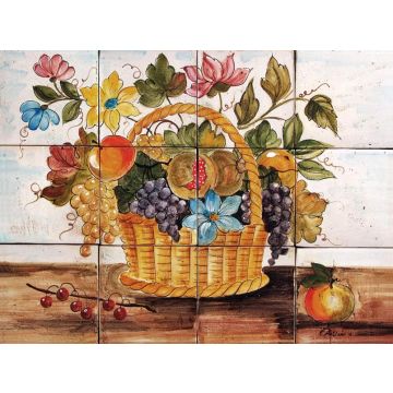 Deruta rectangular tile panel featuring a fruit basket handmade by Antica Deruta - Italy