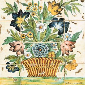 Deruta tile panel featuring a basket with flowers handmade by Antica Deruta - Italy