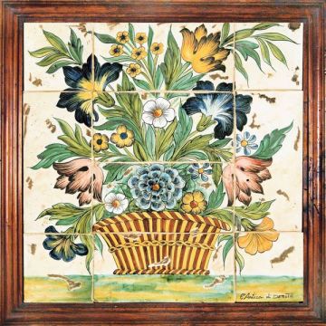 Deruta tile panel with a wooden frame featuring a basket with flowers handmade by Antica Deruta - Italy