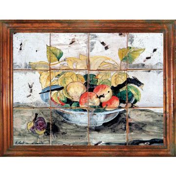 Deruta tile panel with a wooden frame featuring fruit handmade by Antica Deruta - Italy