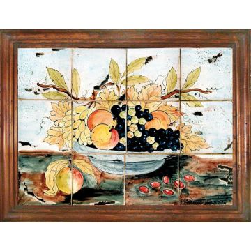 Deruta rectangular tile panel with a wooden frame featuring fruit handmade by Antica Deruta - Italy