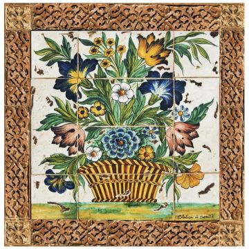 Deruta tile panel with a terracotta frame featuring a basket with flowers handmade by Antica Deruta - Italy