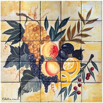 Deruta tile panel featuring grapes and lemons handmade by Antica Deruta - Italy