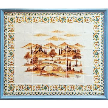 Deruta tile panel with a wooden frame featuring a landscape handmade by Antica Deruta - Italy