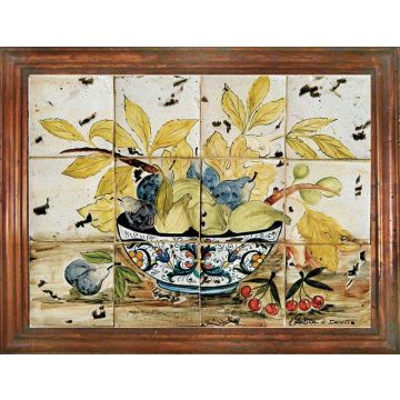 Deruta Fruit tile panel with a wooden frame handmade by Antica Deruta - Italy