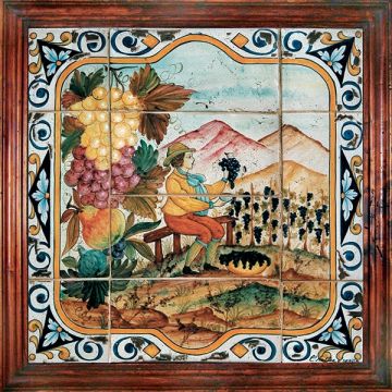 Deruta Autumn tile panel with a wooden frame from the Four Seasons collection handmade by Antica Deruta - Italy