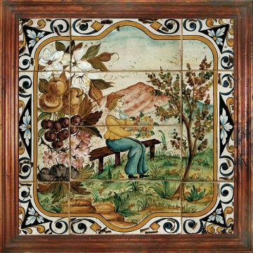 Deruta Spring tile panel with a wooden frame from the Four Seasons collection handmade by Antica Deruta - Italy