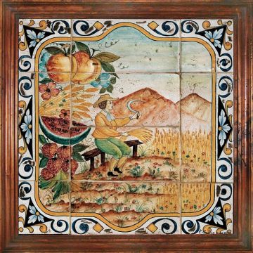 Deruta Summer tile panel with a wooden frame from the Four Seasons collection handmade by Antica Deruta - Italy