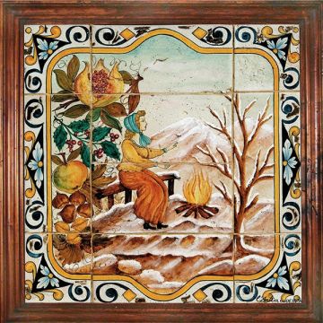 Deruta Winter tile panel with a wooden frame from the Four Seasons collection handmade by Antica Deruta - Italy