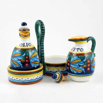 Italian oil and vinegar set from the Geometrico 39E Collection handmade by Eugenio Ricciarelli - Deruta, Rapallo, Amalfi