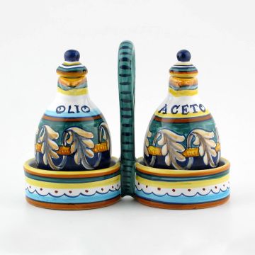 Italian oil and vinegar set from the Geometrico 40E Collection handmade by Eugenio Ricciarelli - Deruta, Rapallo, Amalfi