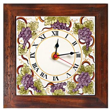 Deruta square wall clock 01 with a wooden frame from the Frutta  collection, handmade by Antica Deruta - Italy