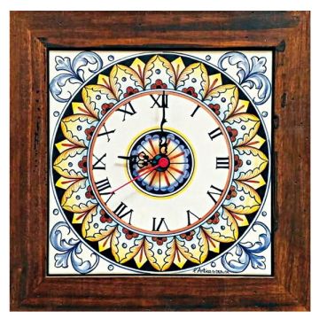 Deruta square wall clock 04 with a wooden frame from the Geometrico collection, handmade by Antica Deruta - Italy