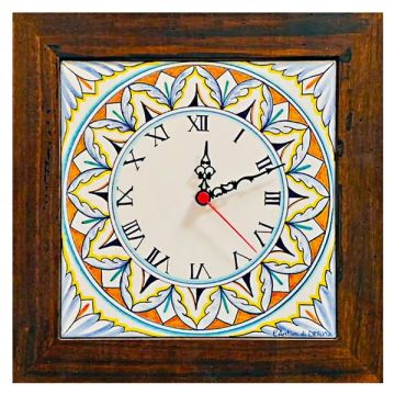 Deruta square wall clock 05 with a wooden frame from the Geometrico collection, handmade by Antica Deruta - Italy