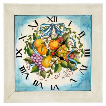 Deruta square wall clock 06 with a wooden frame from the Frutta collection, handmade by Antica Deruta - Italy