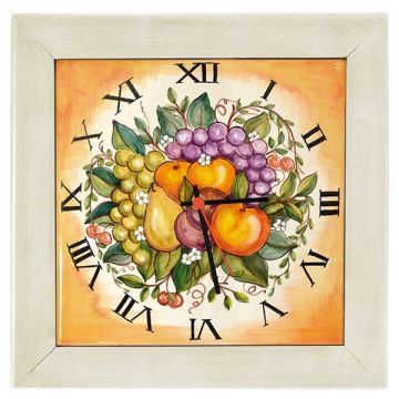Deruta square wall clock 07 with an off-white wooden frame from the Frutta collection, handmade by Antica Deruta - Italy