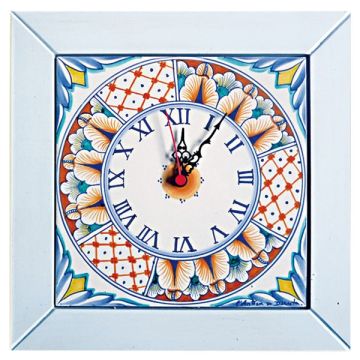 Deruta square wall clock 08 with a light blue wooden frame from the Geometrico collection, handmade by Antica Deruta - Italy