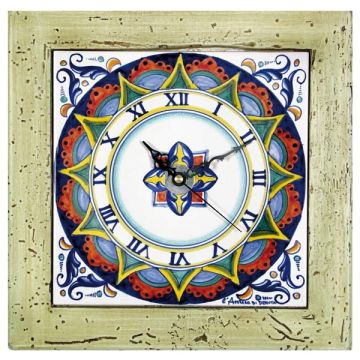 Deruta square wall clock with a light green wooden frame from the Geometrico collection, handmade by Antica Deruta - Italy