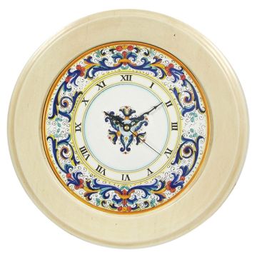 Deruta round wall clock with an ivory wooden frame from the Ricco Deruta collection, handmade by Antica Deruta - Italy