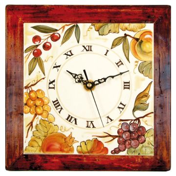 Deruta square wall clock with a wooden frame from the Frutta collection, handmade by Antica Deruta - Italy