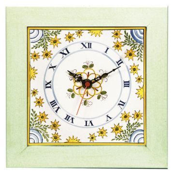 Deruta square wall clock with a light green wooden frame from the Sun collection, handmade by Antica Deruta - Italy