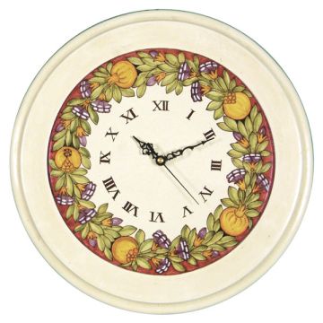 Deruta round wall clock with a wooden frame from the Pomegranate collection, handmade by Antica Deruta - Italy