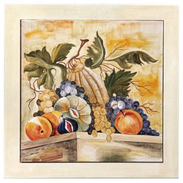 Deruta tile plaque with a wooden frame featuring grapes and melons handmade by Antica Deruta - Italy