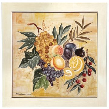 Deruta tile plaque with a wooden frame featuring grapes and lemons handmade by Antica Deruta - Italy