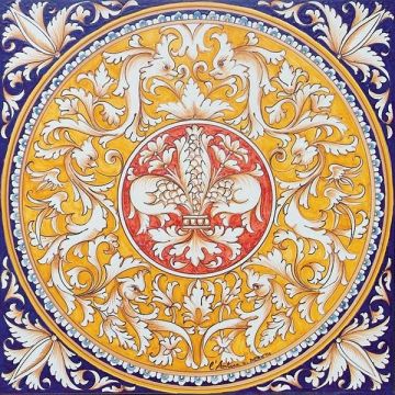 Hand-painted Deruta tile ad18 by Antica Deruta, Italy. The tile is entirely handcrafted.