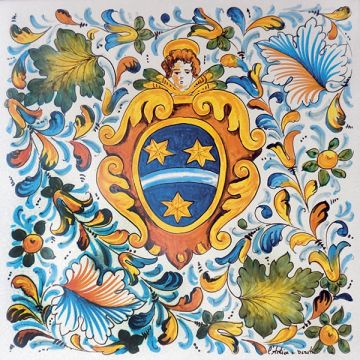 Hand-painted Deruta tile ad21 by Antica Deruta, Italy. The tile is entirely handcrafted.