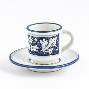 Italian espresso cup and saucer from the Rinascimento Blu e Bianco collection handmade by Ceramiche Rampini in Gubbio, Italy