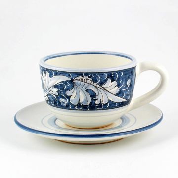 Italian tea cup and saucer from the Rinascimento Blu e Bianco collection handmade by Ceramiche Rampini in Gubbio, Italy
