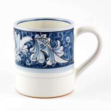 Italian mug from the Rinascimento Blu e Bianco collection handmade by Ceramiche Rampini in Gubbio, Italy