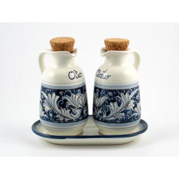 Italian oil and vinegar set with tray from the Rinascimento Blu e Bianco collection handmade by Ceramiche Rampini in Gubbio, Italy