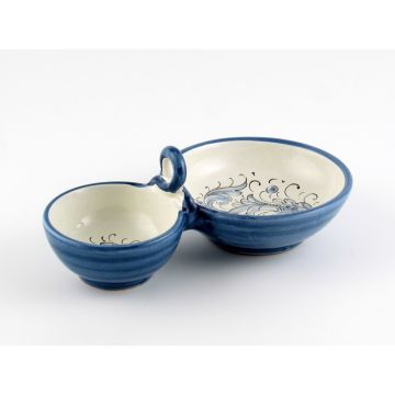 Italian double olive bowl from the Rinascimento Blu e Bianco collection handmade by Ceramiche Rampini in Gubbio, Italy