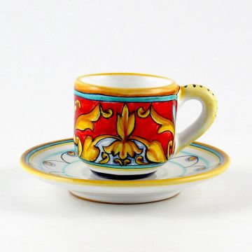 Broccato Rosso Italian espresso cup and saucer handmade by Fima in Deruta