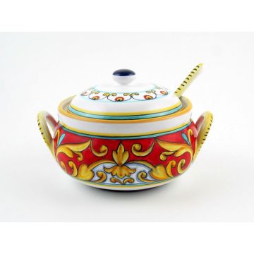 Broccato Rosso Italian sugar bowl handmade by Fima in Deruta