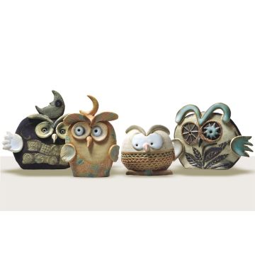 Set of four clay whistle figurines featuring owls created by Maestro Riccardo Biavati in Ferrara, Italy 