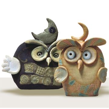 Set of two clay whistle figurines featuring owls created by Maestro Riccardo Biavati in Ferrara, Italy 