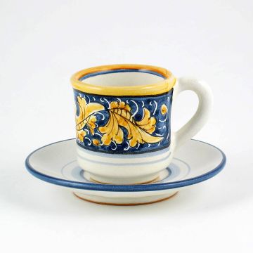 Italian espresso cup and saucer from the Rinascimento Blu e Giallo collection handmade by Ceramiche Rampini in Gubbio, Italy