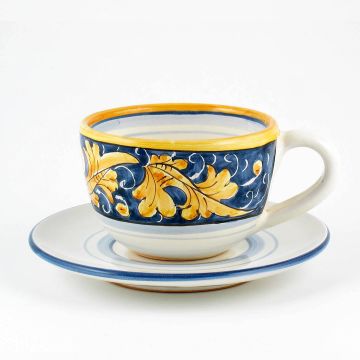 Italian tea cup and saucer from the Rinascimento Blu e Giallo collection handmade by Ceramiche Rampini in Gubbio, Italy