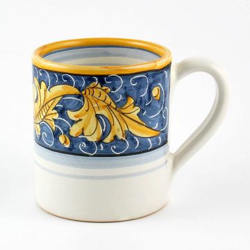 Italian mug from the Rinascimento Blu e Giallo collection handmade by Ceramiche Rampini in Gubbio, Italy