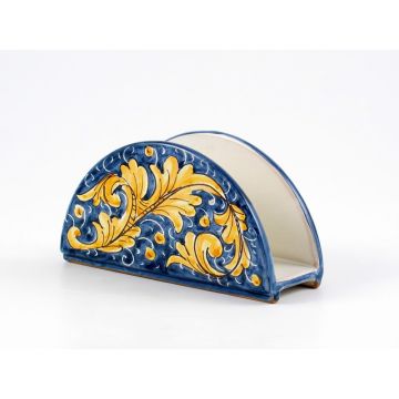 Italian napkin holder from the Rinascimento Blu e Giallo collection handmade by Ceramiche Rampini in Gubbio, Italy