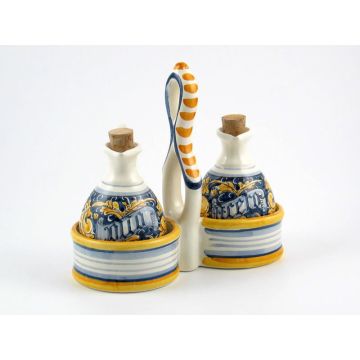 Italian oil and vinegar set from the Rinascimento Blu e Giallo collection handmade by Ceramiche Rampini in Gubbio, Italy