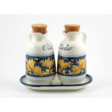 Italian oil and vinegar set with tray from the Rinascimento Blu e Giallo collection handmade by Ceramiche Rampini in Gubbio, Italy