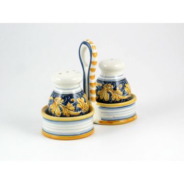 Italian salt and pepper shakers set from the Rinascimento Blu e Giallo collection handmade by Ceramiche Rampini in Gubbio, Italy